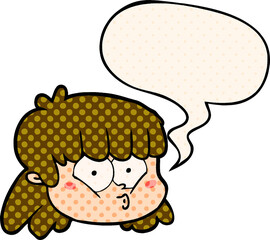 cartoon female face and speech bubble in comic book style