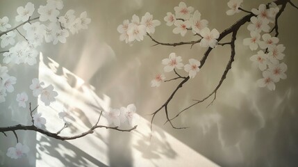 Minimalistic cherry blossom mural casting shadows in a serene study space