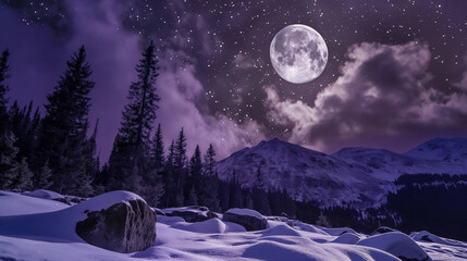 Purple violet Celestial Night with Stars, Galaxy, Detailed Moon, Clouds, Snowy Mountains, Coniferous Forest, and Cinematic Wide Shot