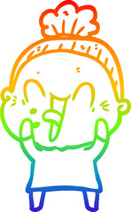 rainbow gradient line drawing cartoon happy old woman