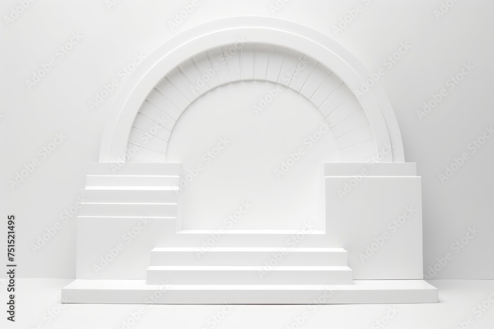 Poster a white minimalist arch podium in a monochrome setting ideal for product display and modern design.