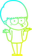 cold gradient line drawing confused cartoon boy shrugging shoulders