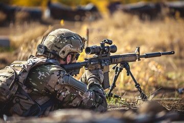 Soldier in Camouflage Aiming Rifle During Training Exercise