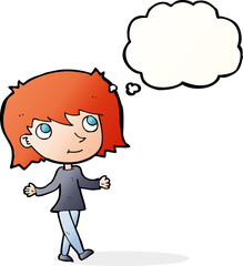 cartoon girl with no worries with thought bubble