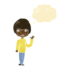 cartoon woman waving with thought bubble