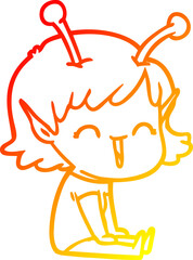 warm gradient line drawing cartoon alien girl laughing