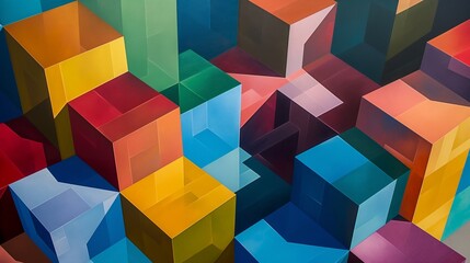 Minimalistic cubes casting intricate shadows, forming an ever-changing mosaic of vibrant and harmonious colors.