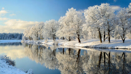 Snow-draped trees mirrored in water, evoking serenity and nostalgia - obrazy, fototapety, plakaty