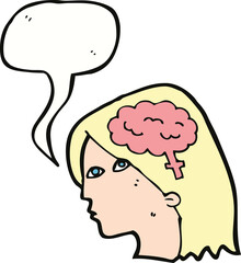 cartoon female head with brain symbol with speech bubble
