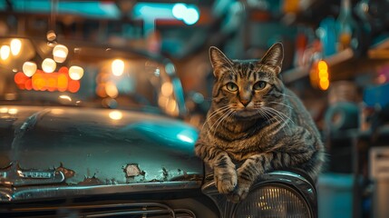 Tabby Cat Resting on Old Car in Luminous Atmosphere