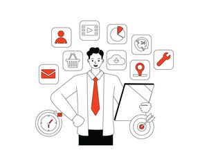 Business project management illustration concept. Business people working in office. Office man character outline flat and minimal vector design style.