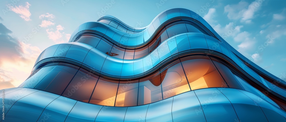 Poster This is a view from low angle of futuristic architecture, a skyscraper of an office building with curved glass windows, and it is a 3D rendering.
