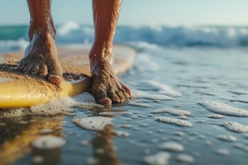 Close-up of a surfer's bare feet, dusted with sand, standing on the beach holding a surfboard, with the ocean waves visible in the background.  - obrazy, fototapety, plakaty