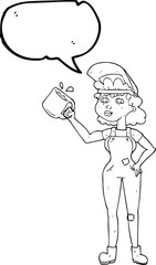 speech bubble cartoon woman in dungarees