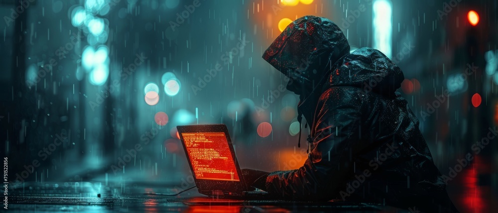 Poster An attacker hacks a laptop and attacks a computer's security system. Phishing scam. Cyber criminals get access to personal information, bank accounts. Conceptual illustration of computer hacking.