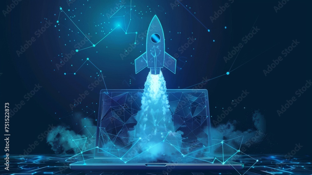 Aufkleber The launch of an abstract rocket from a laptop. The design uses a low polygonal approach with a blue geometric background and a wireframe light connection structure. The design has a modern 3D graphic