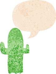 cartoon cactus and speech bubble in retro textured style
