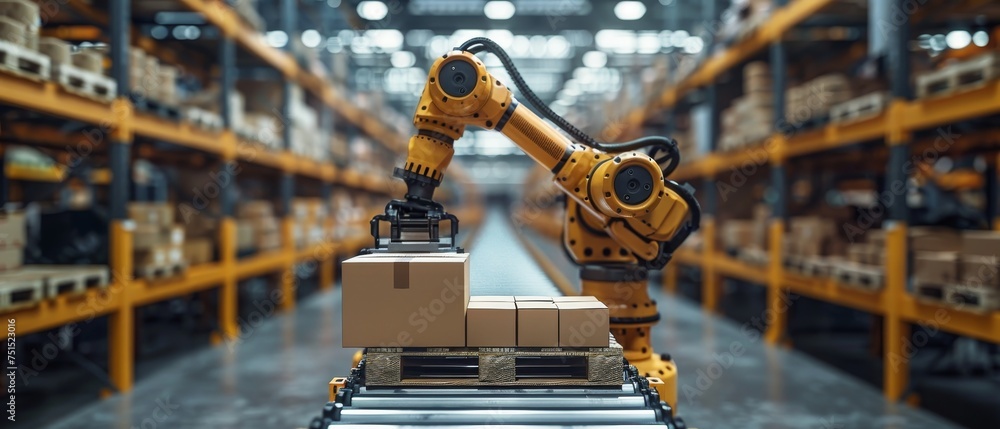 Aufkleber Automation logistics on smart stock storage of products with an industrial robot with artificial intelligence. Technology business concept.