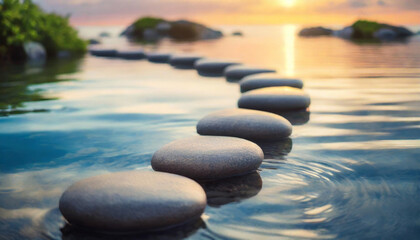 Tranquil sunset over Zen path with smooth stones above water, symbolizing peace and the promise of a bright future