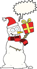 speech bubble cartoon snowman holding present