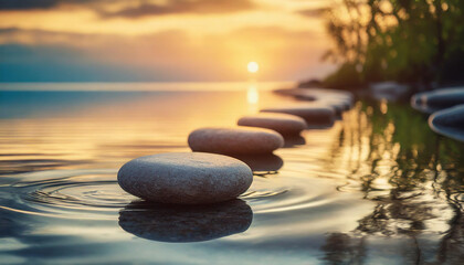 Tranquil sunset over Zen path with smooth stones above water, symbolizing peace and the promise of a bright future