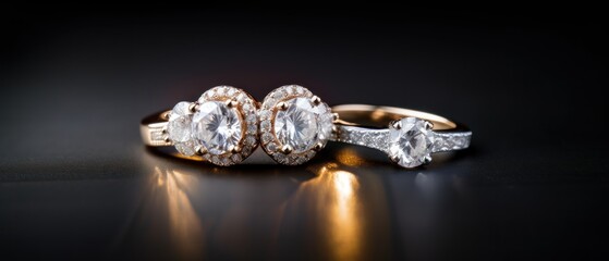 Jewelry ring with diamonds on a black background close up. Wedding content with Copy Space.
