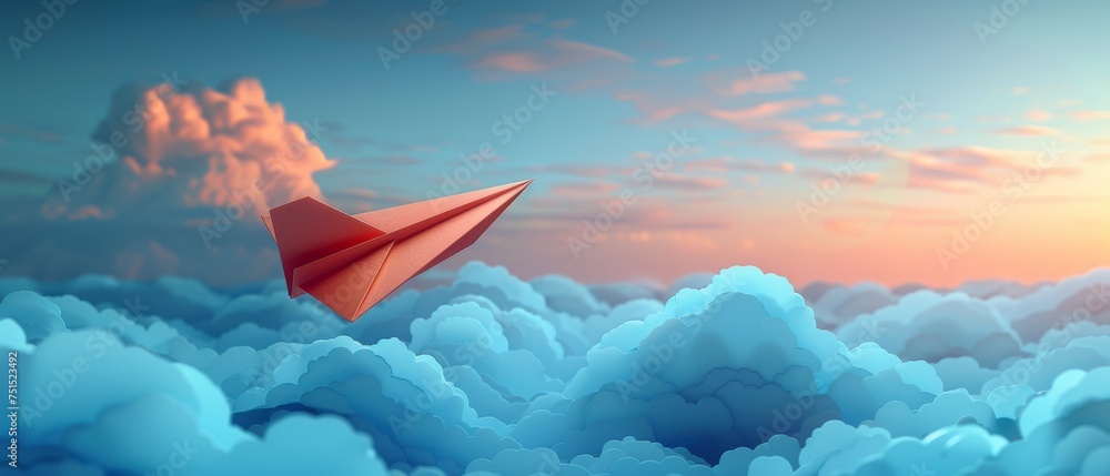 Fototapete cartoon paper airplane icon with clouds. send message concept. bell notification isolated on blue ba