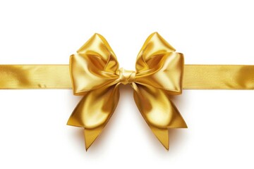 golden satin bow with horizontal ribbon isolated on a white background. Holiday decoration, decorative ribbon bow, gift bow, mothers day, birthday, anniversary, Christmas, new year, bow for gift box