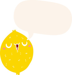 cartoon happy lemon and speech bubble in retro style