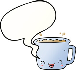 cartoon cup of coffee and speech bubble in smooth gradient style