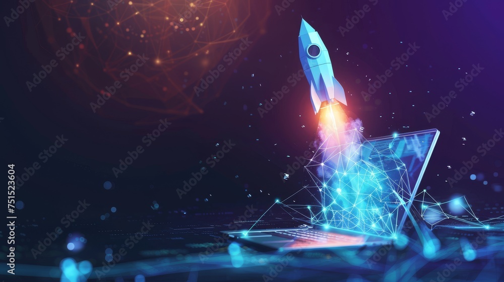 Sticker Isolated  illustration of an abstract rocket launch from a laptop. Low poly style design on a blue geometric background. Wireframe light connections. Modern 3D graphic concept. Isolated