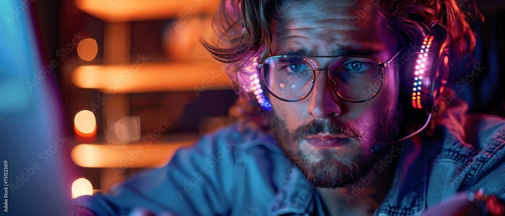 Poster An individual working on a laptop in a dark room with neon lights. A computer hacker or video gamer or programmer with a headset and glasses works on a laptop in the darkened room. Personal computers