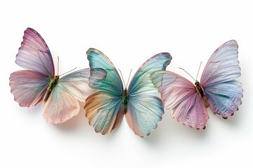 Isolated green, pink, and blue butterflies on white with soft shadows