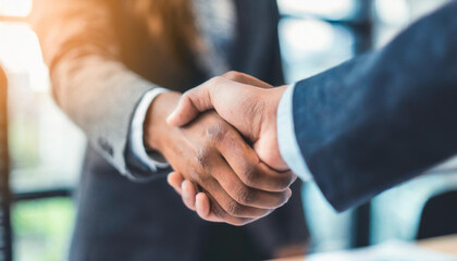 hands in a business office setting shaking hands confidently - obrazy, fototapety, plakaty