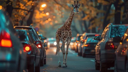 Foto op Canvas a giraffe walking on the road in the city with a car running on the road and a giraffe walking next to the car. © เลิศลักษณ์ ทิพชัย