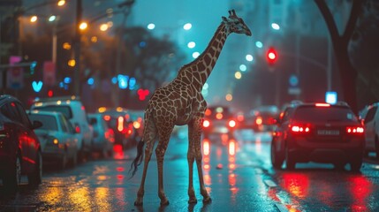 a giraffe walking on the road in the city with a car running on the road and a giraffe walking next to the car.