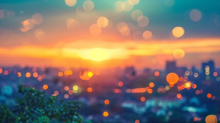 An abstract blurry colorful bokeh city light over a green autumn sunrise background for World Environment Day - obrazy, fototapety, plakaty
