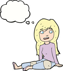 cartoon girl sitting on floor with thought bubble