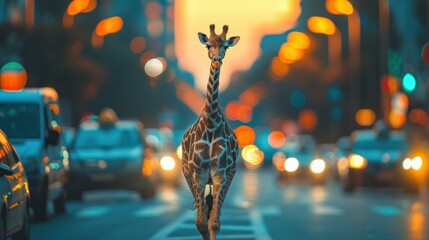 a giraffe walking on the road in the city with a car running on the road and a giraffe walking next to the car.