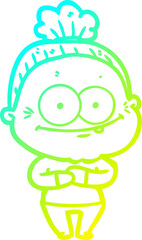 cold gradient line drawing cartoon happy old woman