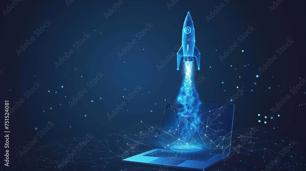 Aufkleber An abstract rocket launch from a laptop. Low poly design concept. Blue geometric background. Wireframe light connection structure. Modern 3D graphic design concept. Isolated  illustration.