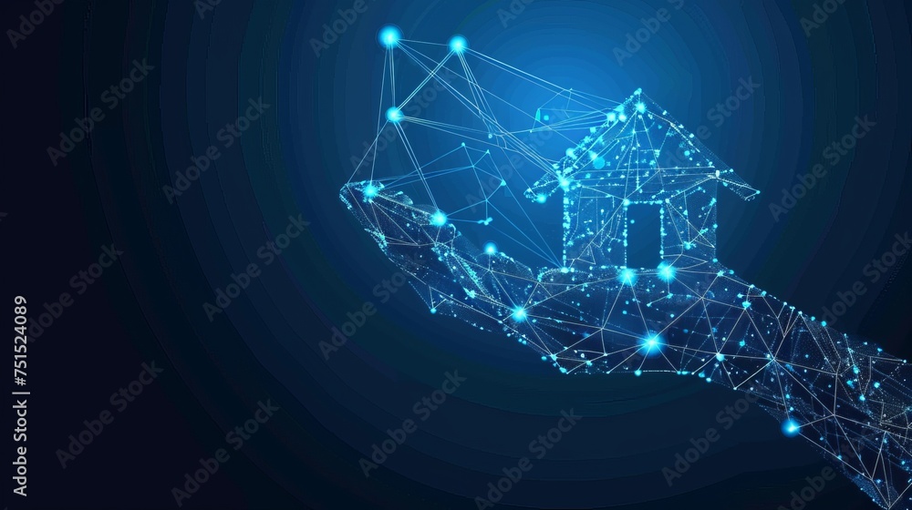 Leinwandbilder open giving hand with country house icon. low poly style design. abstract geometric background. wire