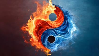 Yin yang symbol with red fire and blue water elements on clean background, representing balance and harmony. Stock photo for concepts of contrast and equilibrium