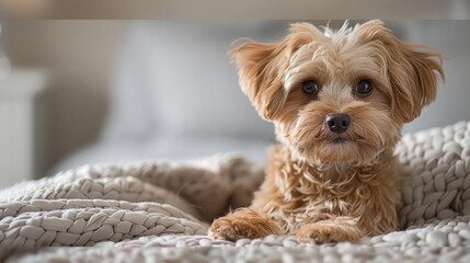 A cute maltipoo dog resting on comfortable sofa at home.