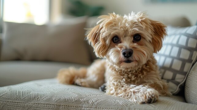 A cute maltipoo dog resting on comfortable sofa at home.