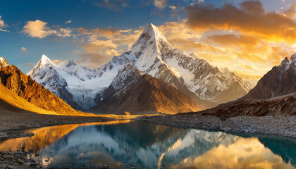 Mesmerizing sunset illuminating snowy Masherbrum peak in Karakoram mountains - obrazy, fototapety, plakaty
