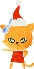 cute retro cartoon of a cat wearing dress wearing santa hat