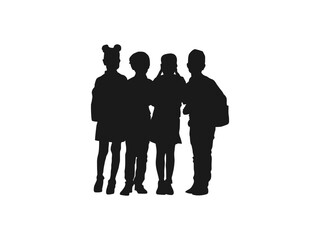 Children with school bags. The students are standing.Teenagers with backpacks rush to school. boys and girls in different poses. back to school vector. black color isolated on white background.