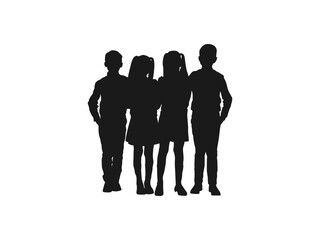 children standing school uniform silhouettes. The students are standing.Teenagers with backpacks rush to school. school vector Illustration. back to school. black color isolated on white background.