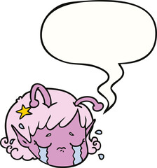 cartoon alien space girl face crying and speech bubble